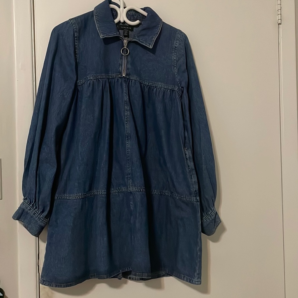 Topshop Denim tiered long sleeve mini dress